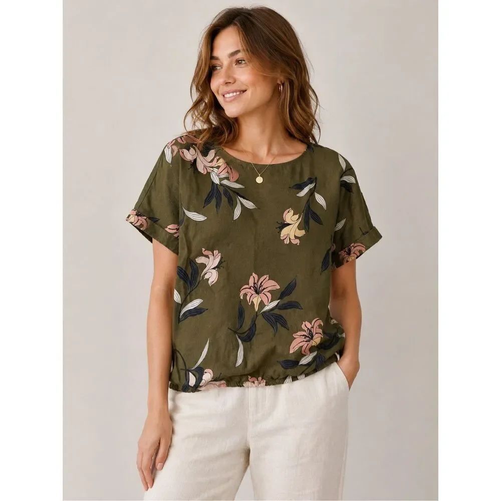 Liz Claiborne Floral Linen Blend Blouse Olive Green Women’s Small